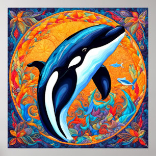 Orka Whale Leaping Versierd Quiltblok Poster