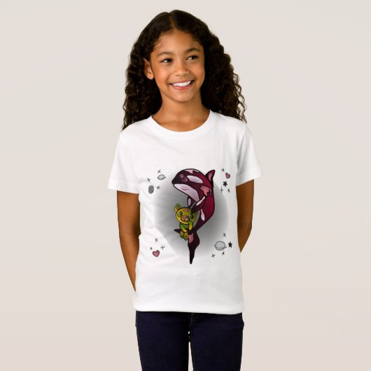 Orka Whale met Teddy Bear in Space Graphic Design T-shirt (Voorkant volledig)
