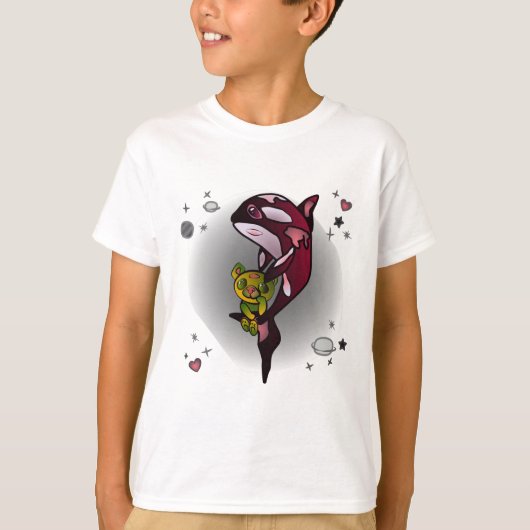 Orka Whale met Teddy Bear in Space Graphic Design T-shirt (Voorkant)