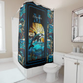 Orka Whale Stain Glass Blues Zwart Modern Beach Douchegordijn (In situ)