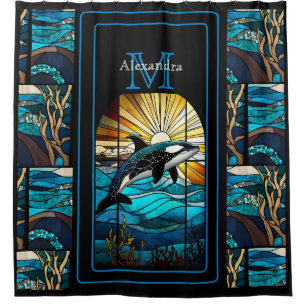 Orka Whale Stain Glass Blues Zwart Modern Beach Douchegordijn