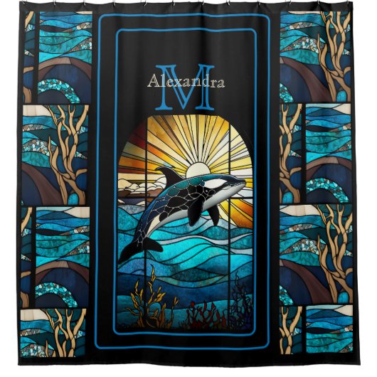 Orka Whale Stain Glass Blues Zwart Modern Beach Douchegordijn (Voorkant)