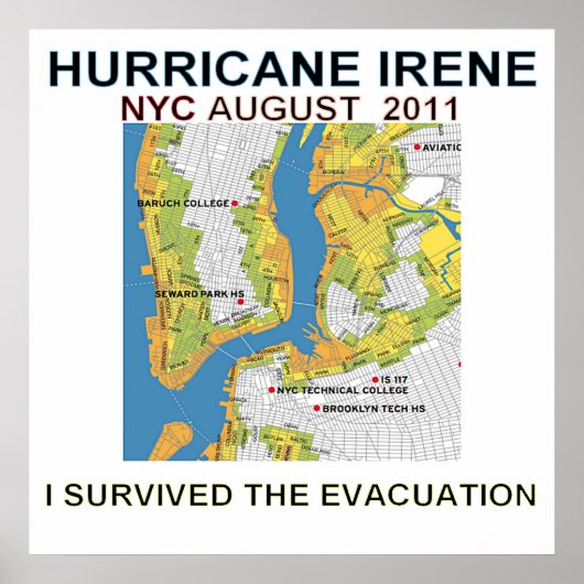 Orkaan Irene New York City Evacuation Map Poste Poster (Voorkant)