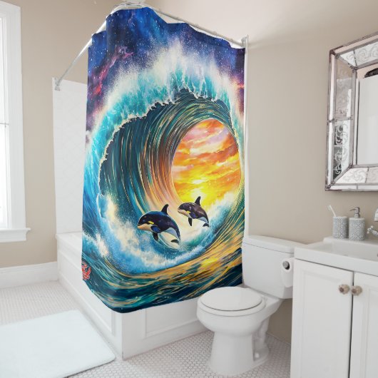 Orka's in een golfvat ontwerp van Rich AMeN Gill Douchegordijn (In situ)