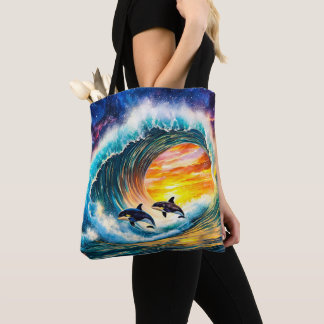 Orka's in een golfvat ontwerp van Rich AMeN Gill Tote Bag
