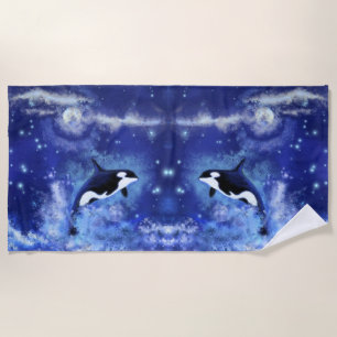 Orka's op Volle Maan - MIrror - Kunsttekening Strandlaken