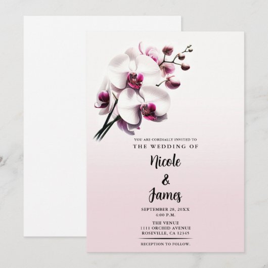 Orkidee Bloem Roze & Witte Bruiloft Kaart (Voorkant / Achterkant)