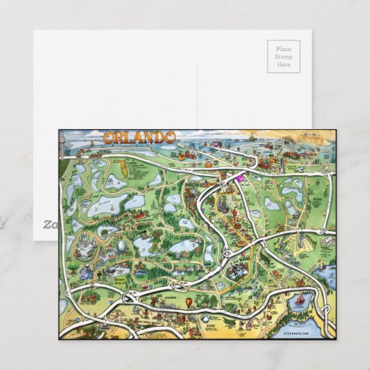 Orlando Florida Cartoon Map Briefkaart (Voorkant / Achterkant)