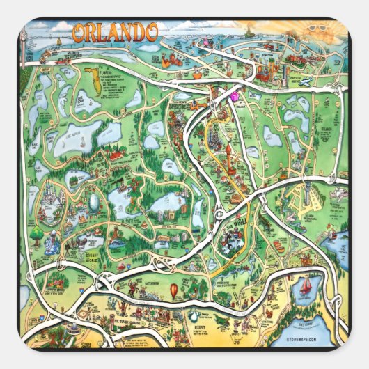 Orlando Florida Cartoon Map Vierkante Sticker (Voorkant)