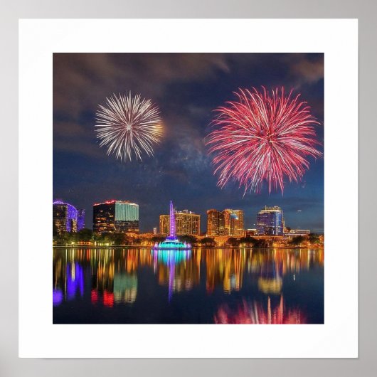 Orlando Florida Lake Eola Vuurwerk & Fontein Poster (Voorkant)