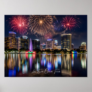 Orlando Florida Silhouette met Lake Eola Vuurwerk Poster