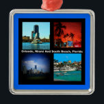 Orlando, Miami, Zuid-Beach Collage Metalen Ornament<br><div class="desc">Orlando Miami South Beach Collage als de beroemdste reisgebieden van Florida. Een groot deel van de staat Florida ligt op een schiereiland tussen de Golf van Mexico, de Atlantische Oceaan en de Straat van Florida. Florida heeft de langste kustlijn in de aangrenzende Verenigde Staten, die ongeveer 1.350 mijl omvat. Iedereen...</div>