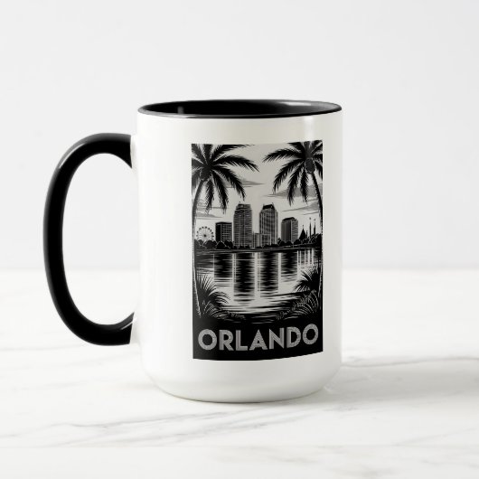 Orlando Skyline Black and White Woodcut Lake Eola Mok (Links)