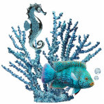 Ornament blauw koraalrif fotobeeldje ornament<br><div class="desc">Acrylfotosculptuur ornament van blauw koraal beschutting voor een glanzend blauw zeepaard en een mooie blauwe vis met lichtblauwe topaz luchtbelletjes. Zie bijpassende acrylfoto-beeldhouwpin,  sleutelhanger,  magneet en sculptuur. Zie het volledige collectie onder het Ornament van het Zee in de SPECIALE TOUCHES | Afdeling Voorkeuren partij.</div>