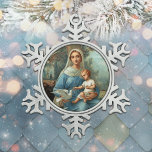 Ornament "Blue Madonna Snowflake"<br><div class="desc">Het Franse blauwe Madonna-ornament heeft een afbeelding van een prachtige antiek Franse heilige kaart die aan het einde van de 19e eeuw is gedrukt. Jezus en de verbijsterde moeder zijn omringd door witte duiven en een wazig landschap.</div>
