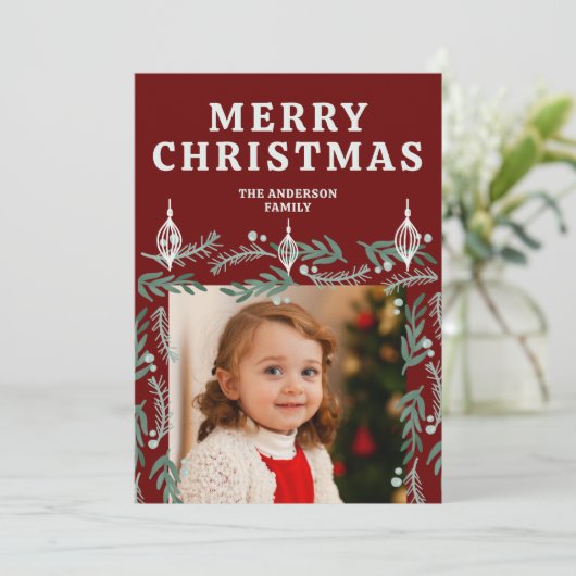 Ornament en Evergreen Border twee foto's Feestdagenkaart (Staand voorkant)