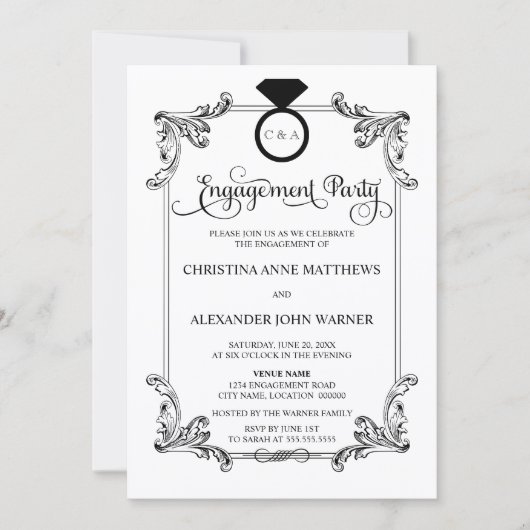  Ornament en Ring Script Engagement Party Kaart (Voorkant)