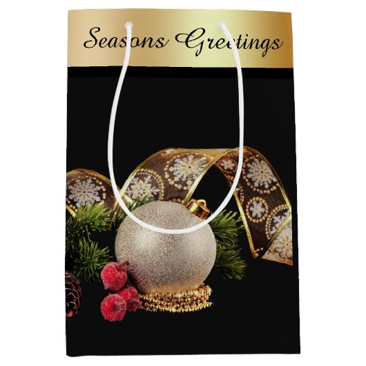 Ornament, Evergreen en Gold Ribbon Medium Cadeauzakje (Voorkant)