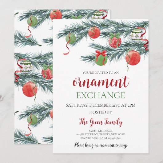 Ornament Exchange Holiday Party Kaart (Voorkant / Achterkant)