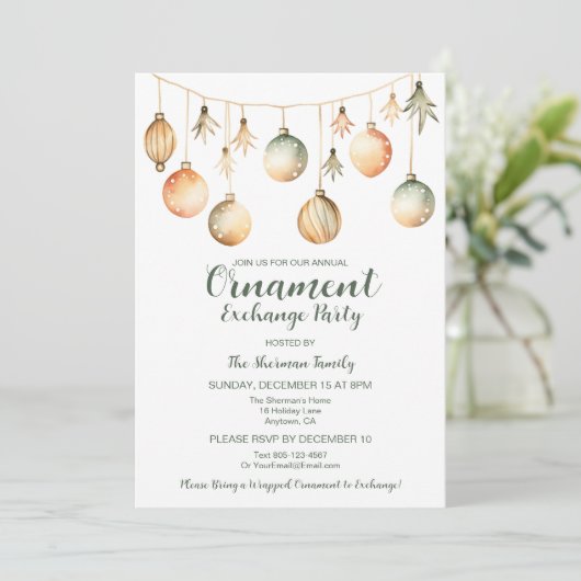 Ornament Exchange Party Waterverf Goud Groen Kaart (Staand voorkant)