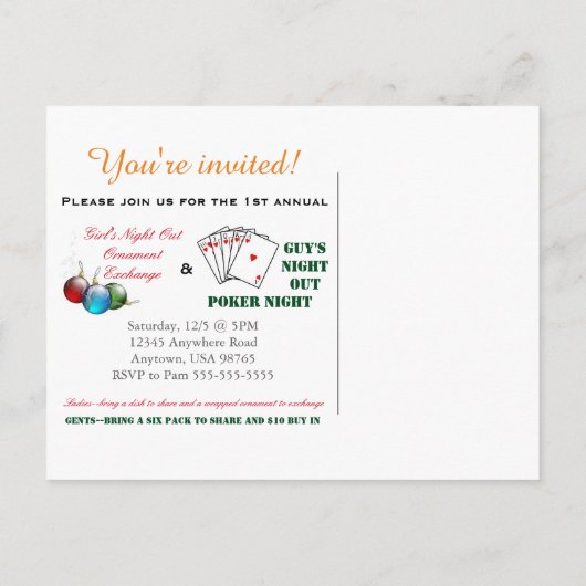 Ornament Exchange Poker Night Invitation briefkaar Uitnodiging Briefkaart (Achterkant)