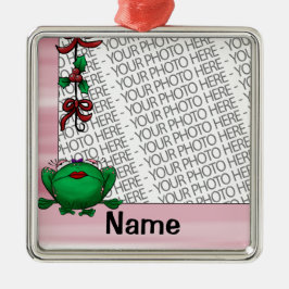Ornament, Foto & Name Sjabloon Cute Frog Mistleto Metalen Ornament