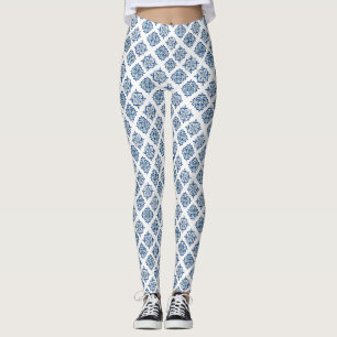 Ornament geborduurd blauw op wit leggings