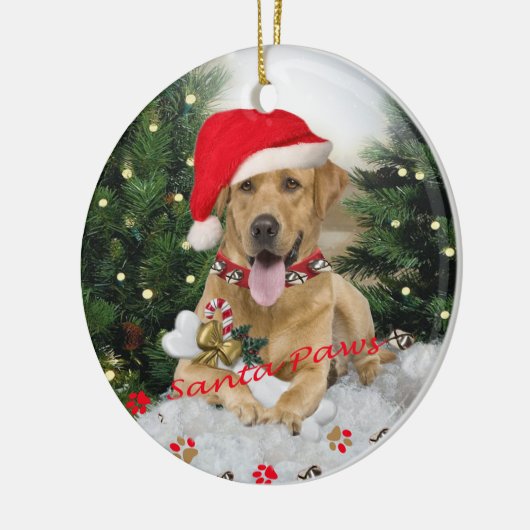 Ornament gele lab Santa Paws (Links)