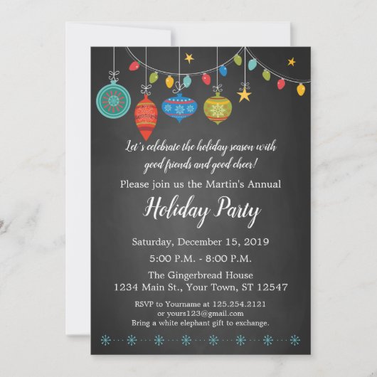 Ornament Holiday Chalkboard Party Invitation Kaart (Voorkant)