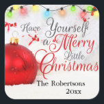 Ornament Merry Little Christmas Custom Vierkante Sticker<br><div class="desc">Hier is een ,  rode ornament en sneeuw kerstvakantie sticker. Geweldig voor kaarten en geschenken. Fotokaarten en stempels zijn ook beschikbaar. Personaliseer en voeg uw aangepaste naam en datum toe. Prettige feestdagen</div>