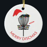 Ornament met kerstkeramische schijfgulden voor ker<br><div class="desc">Het roepen van alle diskgolf-liefhebbers! Deze kerstversiering is voorzien van een schijfgolfmand met kerstlichten,  kersthoed en een schijf. In de tekst staat Merry Discmas. Het is het perfecte geschenk voor die diskgolf-minnaar in je leven! Bekijk onze andere diskgolf-objecten door op onze winkelnaam te klikken.</div>