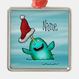 Ornament, Name Sjabloon Cute Narwhal Santa Metalen Ornament