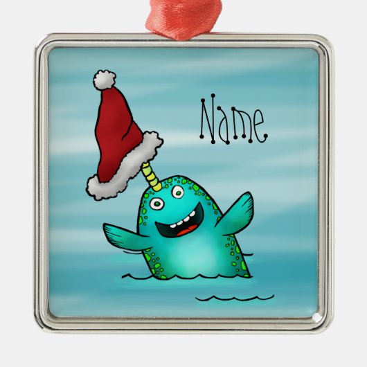 Ornament, Name Sjabloon Cute Narwhal Santa Metalen Ornament (Voorkant)