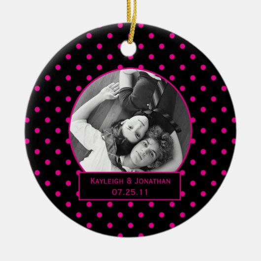 Ornament Pink and Black Polka Dots Wedding Keepsa (Voorkant)