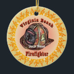 Ornament van de brandweerman van Virginia Beach<br><div class="desc">Virginia Beach Firefighter ornament , fire fighter T-shirts, brandweerkleding, geschenken van ArtMuvz Illustration. U kunt jouw namen toevoegen of tekst toevoegen. Pas dit ornament van Virginia Beach Firefighters aan om het uniek voor u te maken of om als een persoonlijk geschenk te geven. Het gedurfde ontwerp is voorzien van een...</div>
