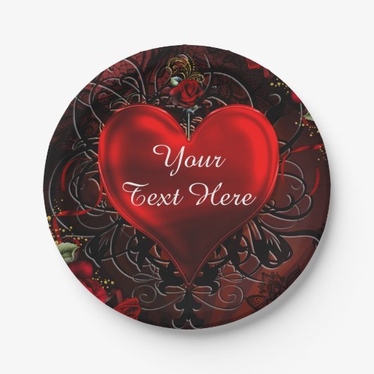 Ornamental Bloemen Hart Zwart & Rood Party Papieren Bordje (Voorkant)