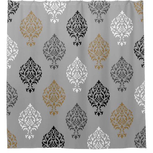 Ornamental Damask Ptn Black White Grays Gold Douchegordijn (Voorkant)