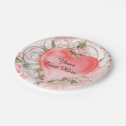 Ornamental Elegant Floral Heart Peach Papieren Bordje (Gekanteld)