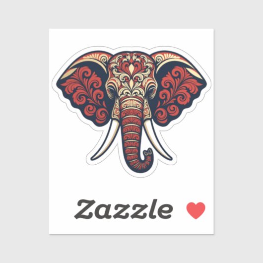 Ornamental Elephant Head - Red, Blue & Gold Paisle Sticker (Vel)