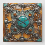 Ornamental Fire Jewel with Verdigris & Silver Lace Vierkante Klok (Voorkant)