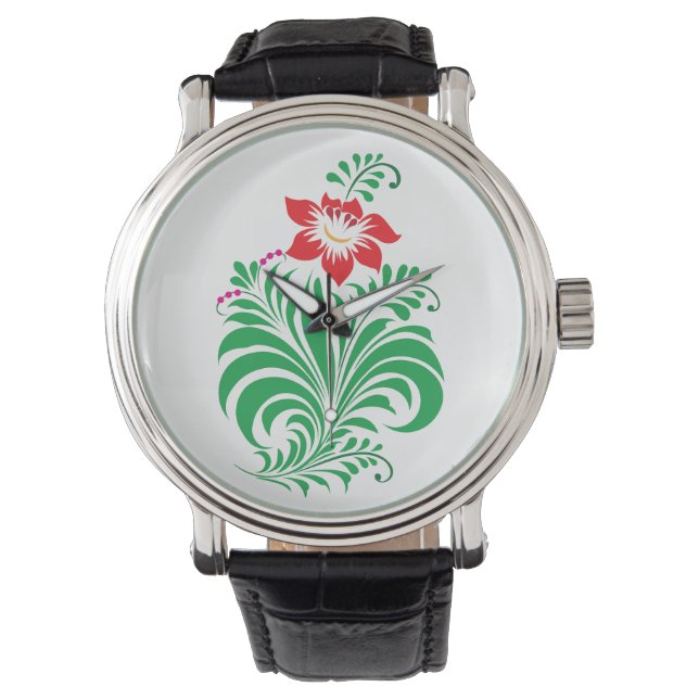 Ornamental Floral Flower Design – Elegant Horloge (Voorkant)