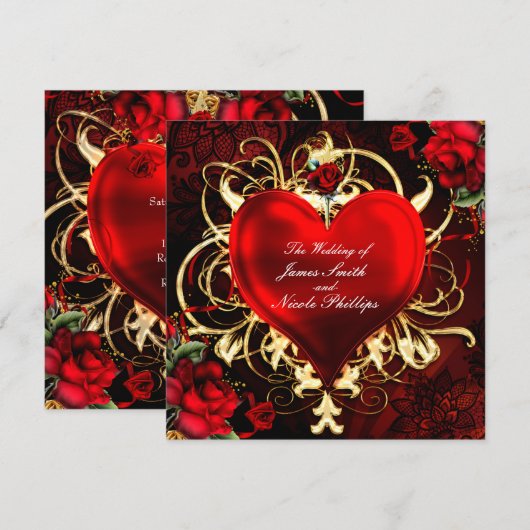 Ornamental Floral Heart Black Red Gold-uitvindinge Kaart (Voorkant / Achterkant)