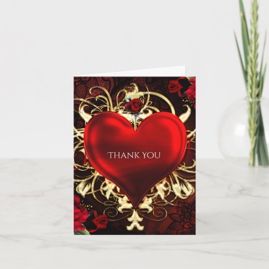 Ornamental Floral Heart Zwart Rood & Goud Dank u Bedankkaart (Voorkant)