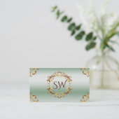 Ornamental Gold Decor Green Monogram Foto QR-code Visitekaartje (Staand voorkant)