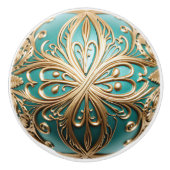 Ornamental Gold Filigree Blauwgroen Pearl Sheen Or Keramische Knop (Voorkant)
