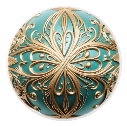 Ornamental Gold Filigree Blauwgroen Pearl Sheen Or Keramische Knop (Voorkant)