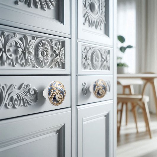 Ornamental Goud Blauw Wit filigraan Swirl Orb Keramische Knop