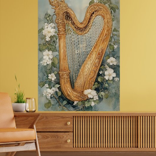 ornamental harp surrounded by white flowers poster (Woonkamer 2)