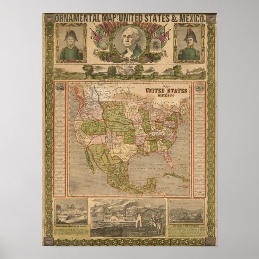 Ornamental Map of The United States and Mexico Poster (Voorkant)