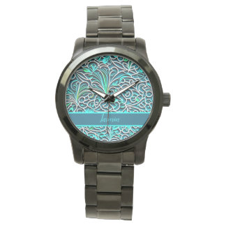 Ornamente Muster 3D Optik blau, türkise, grün Horloge